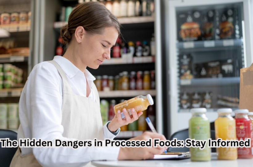 "Woman scrutinizing food labels for hidden dangers in processed foods."